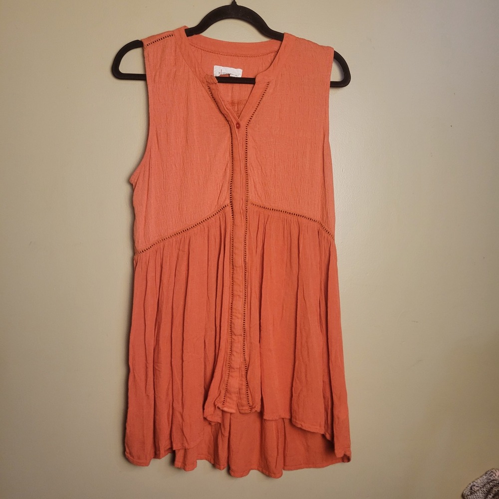 Anthropologie Terracotta Orange Sleeveless Babydoll Tunic Top Crochet Trim‎ Med
